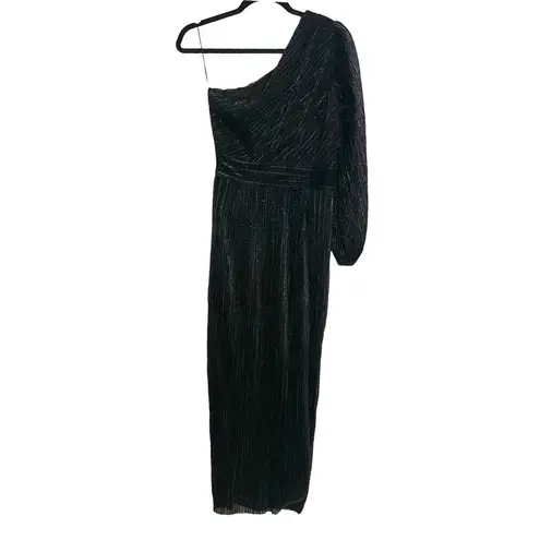 Saylor Alora One Shoulder Plisse Metallic Black Midi Dress SMALL