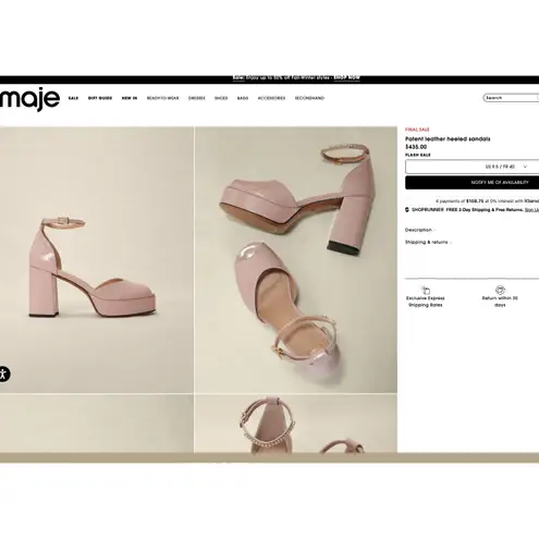 Maje Patent Leather Block Heel Sandals Rhinestone Ankle Strap Rose Blush 40