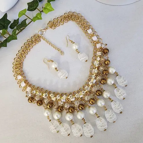 Gold Mixed Media Statement Necklace and Earrings Set