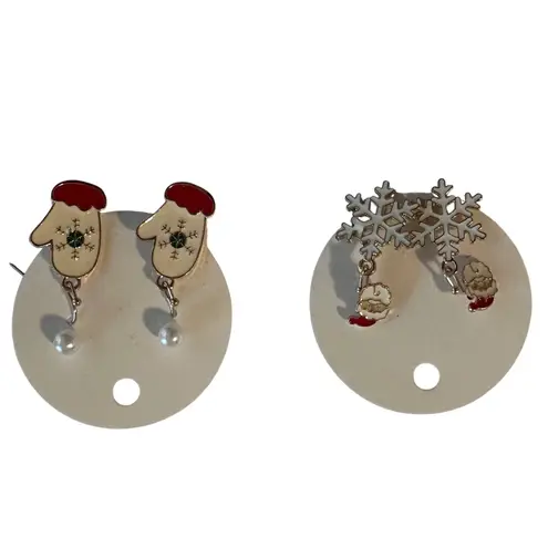 Christmas Santa Snowflakes Mittten Pearl Earrings Set Festive Holiday Jewelry Red
