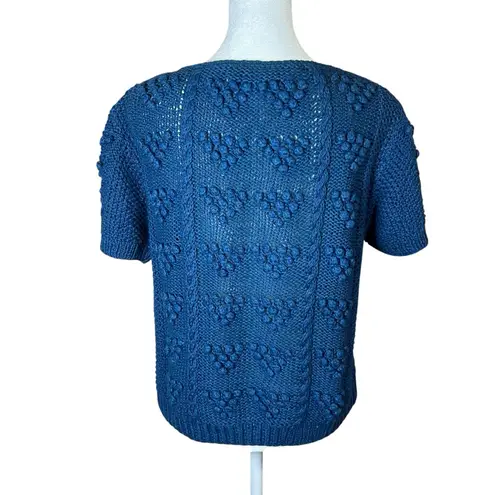 VTG Textured Bobble Knit Short Sleeve Blue Sweater Top Chunky Boxy Sz S Rosslee