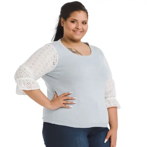 Skies Are Blue Floral Eyelet Ruffle 3/4 Sleeve Crewneck Pullover Knit Sweater 2X