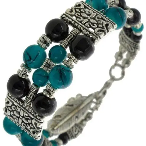 TURQUOISE, BLACK & ANTIQUE SILVER BRACELET