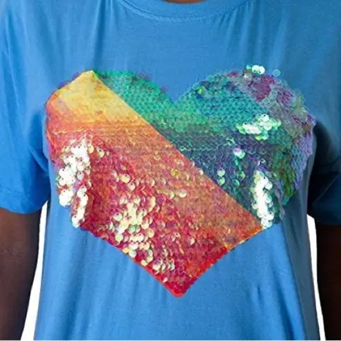 Queer Eye Vibrant Blue Short Sleeve Tee with Rainbow Sequin Heart, Size S