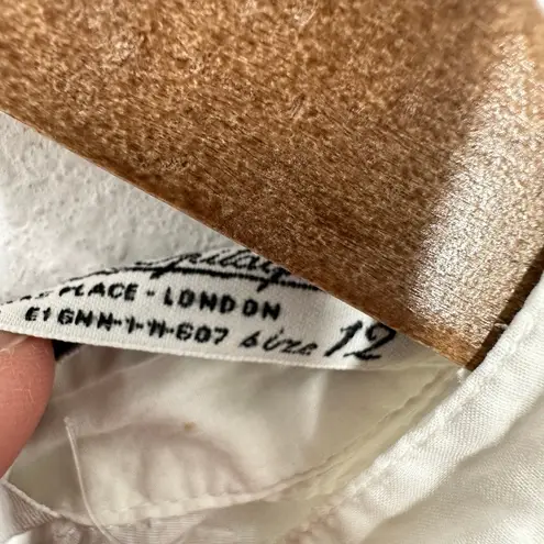 All Saints White Smocked Peplum Blouse Long Sleeve Mock Neck Button Back Cotton