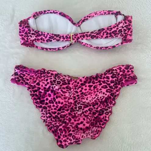 Luli Fama Bikini Pink Leopard Bandeau Push Up Top Ruched Brazilian Bottom