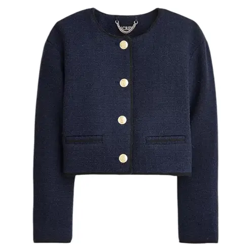 J.Crew  Tweed Wool Blend Bomber Lady Jacket Navy Gold Button Size 20