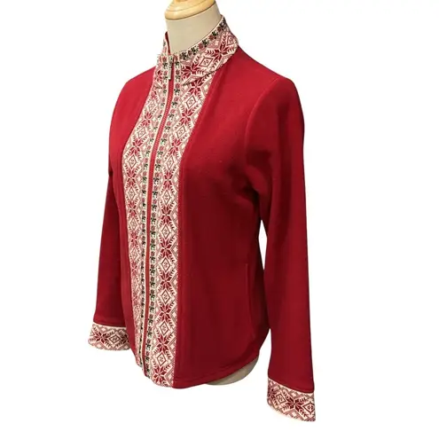 L.L. Bean Women's Red Nordic Fair Isle Floral Fleece Full Zip Jacket Size Small