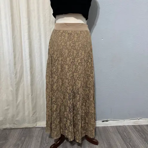 Aratta Silent Journey Women Boho Lace Floral Embroidered Waistband Maxi Skirt XS Tan
