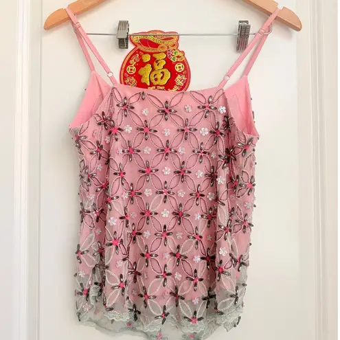 LA FUORI The Vivienne Geometric Fade Mini Cami Small Beaded Mesh Embellished Pink