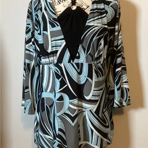 VINTAGE HIPPIES TUNIC TOP BUILT IN BLACK NECK HALTER W/SILVERTONE CIRCLE SZ MED Blue