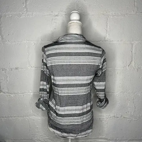 Girl Krazy Women's Faux Wrap Hi-Lo Stripe Roll Tab Sleeve Black White Top Small