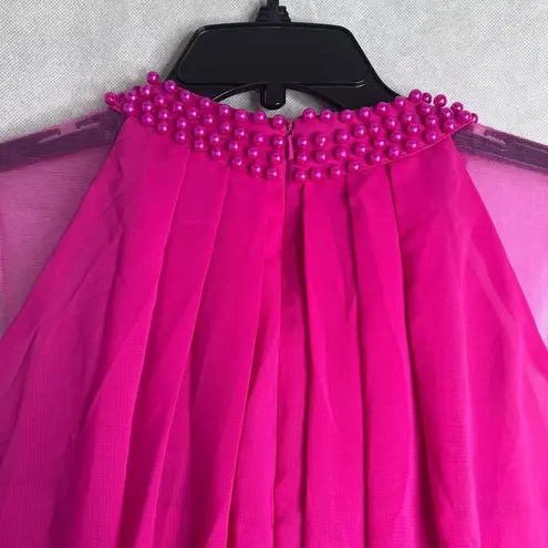 LT Lan Ting NWT Hot Pink Pearl Collar Aline Chiffon Overlay Midi Dress Sz SM