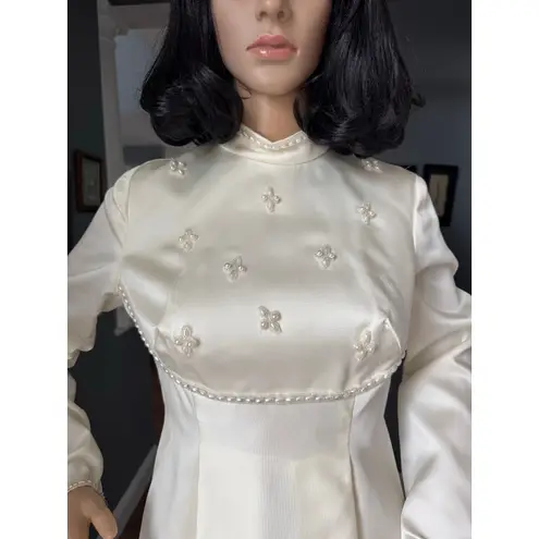 1970s Satin High Neck Long Sleeve Wedding Gown with detachable Train small