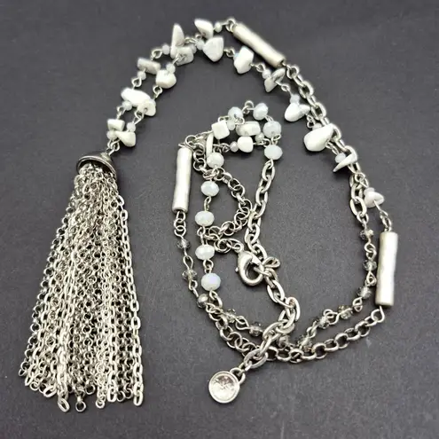 Simply Vera Wang Sliver Tone Glass Bead Natural Stone Tassel Pendant Necklace Silver