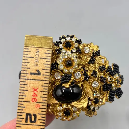 Vtg M&M Designs Gold Tone Black Crystal Beaded Floral Bangle Bracelet Earring