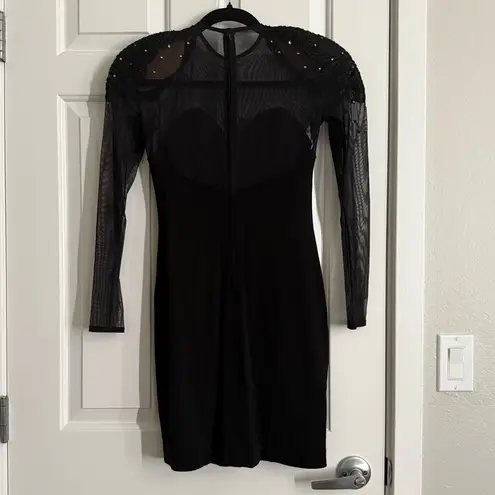 Tadashi Shoji Vintage Tadashi Black Sheer Mesh Sleeves Beaded Shoulder Bodycon Dress Size XS–S