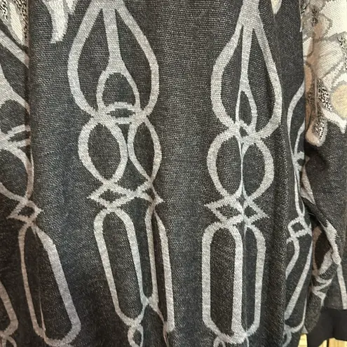 Top Notch 1980s Tunic Length Gray Floral Geometric Print Cowl Neck Sweater 1X Black