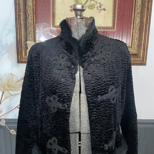 Cuero Faux Lamb Fur Coat w Real Rabbit Fur Trim Steampunk Victorian