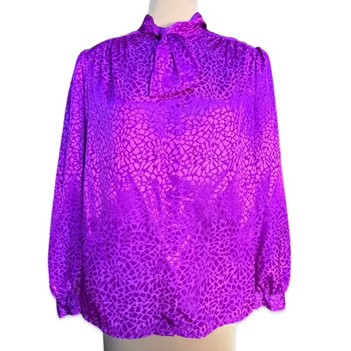 Vintage Purple Jacquard Bow Blouse Abstract Print High Neck Long Sleeve Size 14