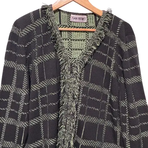 VTG San Remo Womens Knit Jacket XL Black Green Fringe Geometric Boho Cottagecore