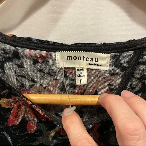 Monteau Cute  floral crushed velvet open tie back puff sleeve whimsigoth top