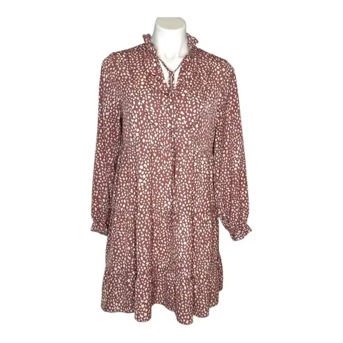 KIRUNDO Blush Mauve Pink Spotted Print Long Sleeve Tie Neck Boho Dress Size S