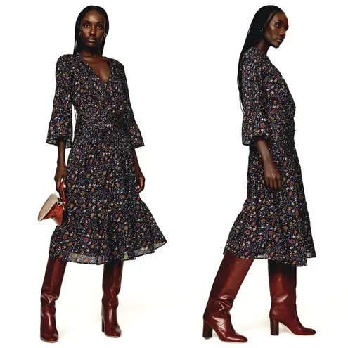 Veronica Beard NWT Shireen Button-Front Floral Print Pleated Dress in Ink Sz 2