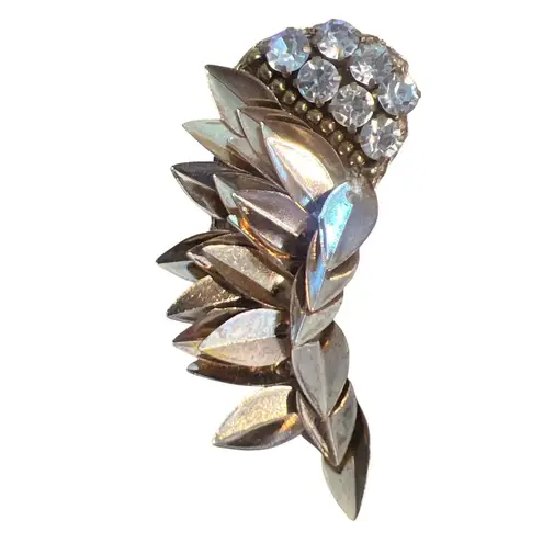 Vtg Rhinestone Leaf Cluster Statement Earrings Gold Metallic Ear Crawler Estate