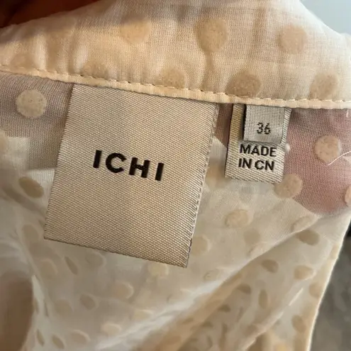 ICHI Cream Ruffle Sheer Dot Blouse Pintuck Front Script Print Romantic Boho Top Tan