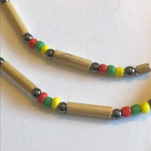 Vintage Tan Red Green & Yellow Wooden Beaded Boho Necklace