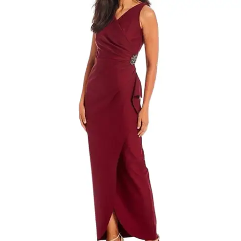 Alex Evenings Smoothing Compression Knit Mock Wrap Gown - Wine 12