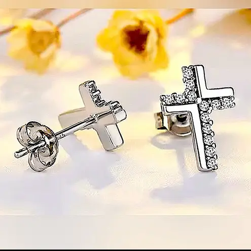 Boutique Diamond Cross Stud Earrings | White Gold Plated Silver