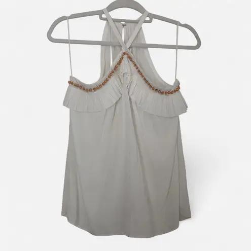 Ramy Brook White Silky Beaded Ruffle Halter Top ā Glam Resort Style (Size Small)