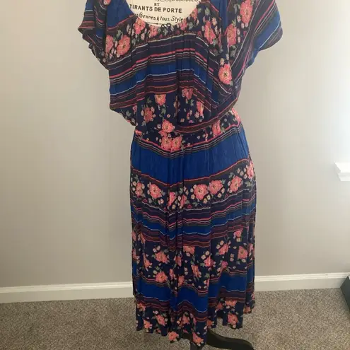 Democracy Midi Dress Off Shoulder Flounce Car Wash Slits Floral Multicolor L