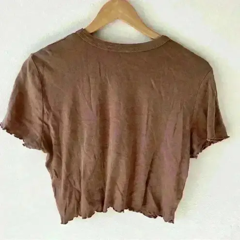 PS/LA Sz L Womens Baby Tee Brown Happy Smiley Flower Crop Ruffle Hem 90s Y2K Size L