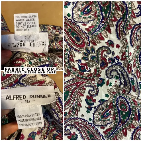 VINTAGE 1980'S ALFRED DUNNER RED, GREEN PAISLEY PRINT BLOUSE WITH BOW (16)