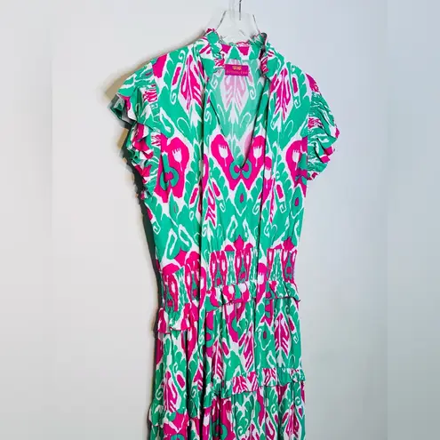 Feather & Find Pink Green Ikat Manifest Peace Midi Tiered Dress Size XL