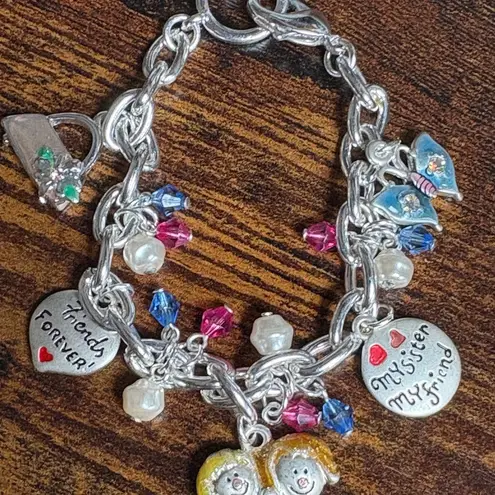 Sister Friendship Charm Bracelet Silver Tone Chains Lucite Beads Engraved Charms