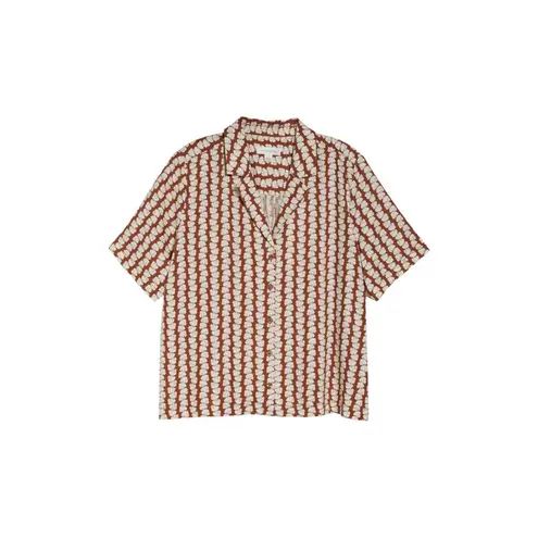 Treasure & Bond Brown and Orange Boxy Button Down Shirt with Notched Camp Collar linen Blend