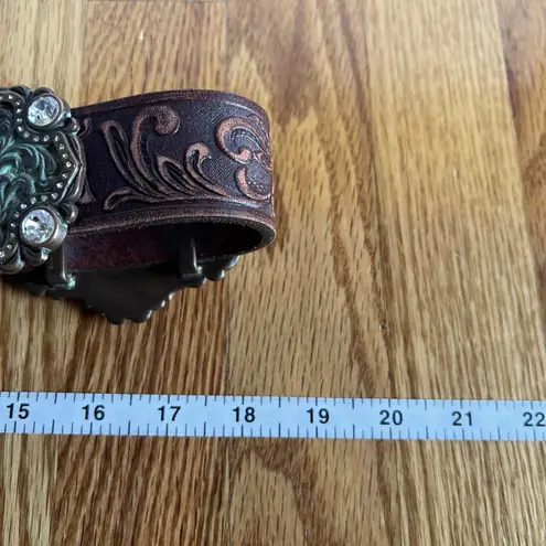 Tony Lama Brown Tooled Leather Swarovski Crystals Concho Cross Western Belt 38