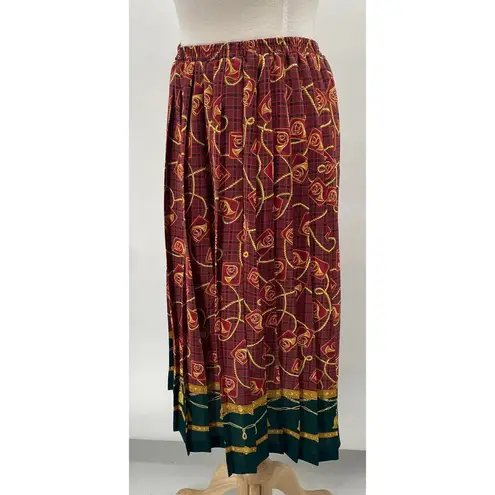 Vintage 80s Pleated Midi Skirt French Horns Mixed Print Pull on Maroon Green S Red