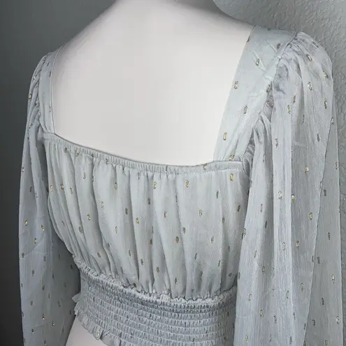 By The River Womens Gray Sheer Squared Neck Gold Speckle Crop Smocking Top small