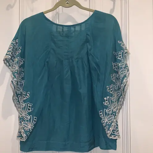 Esley  BOHO GREEN CUTWORK FLOWY BLOUSE SILK COTTON