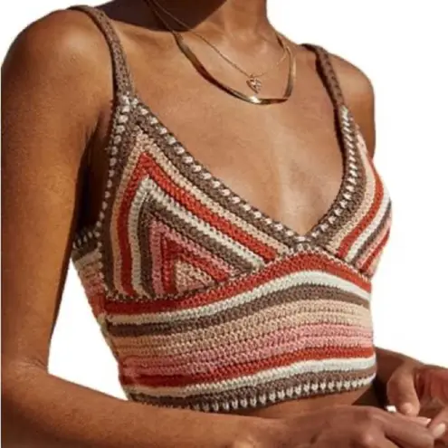 None Crochet Knit Tank Top Womens L Pink Brown Cropped Boho Cottagecore 70s Retro