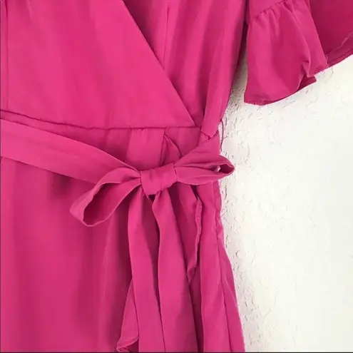 Line and Dot Cherie Mini Wrap Dress Ruffle V-Neck Short Sleeve Fuchsia Pink Medium
