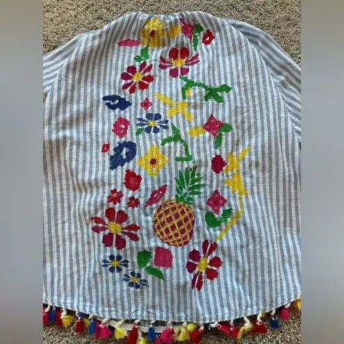 ZARA  BBWM Woman Striped Floral Fruit Embroidered Balloon Sleeve Boho Peasant Top