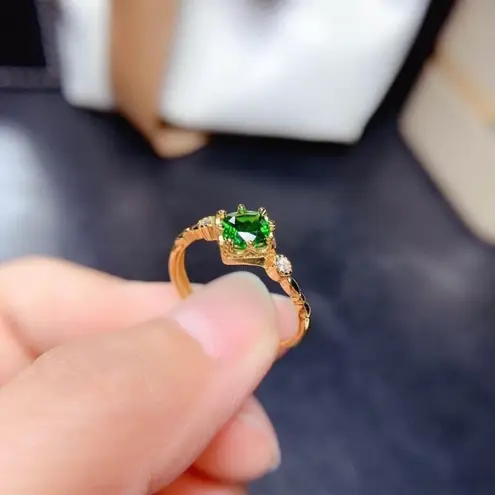 18K Gold Plated Adjustable Birthstone Green Crystal Emerald Ring for Women