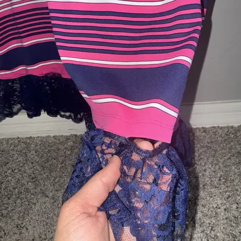 J. McLaughlin Striped V Neck Maxi Dress Pink White Blue Size M Lace CUSTOMIZED