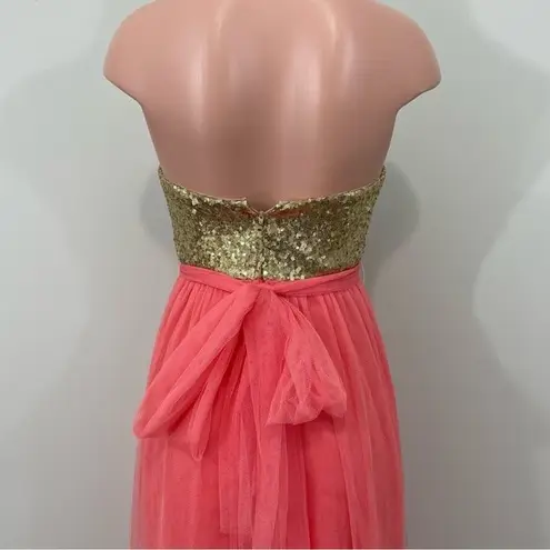 Christina Wu Bridesmaid Dress Style 22725 Size 4 Gold Sequin with Coral Tulle